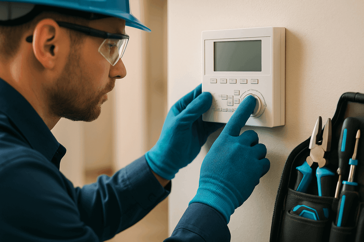 HVAC technician adjusting modern thermostat wearing blue gloves and safety gear indoors