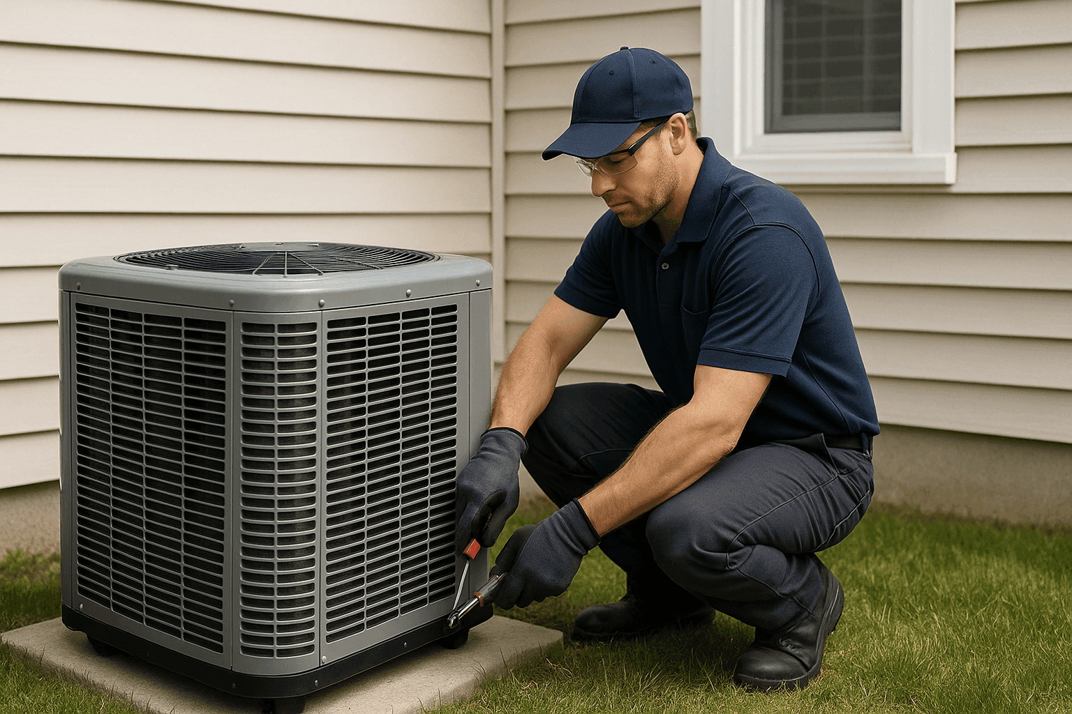 Technician installing new central AC condenser unit