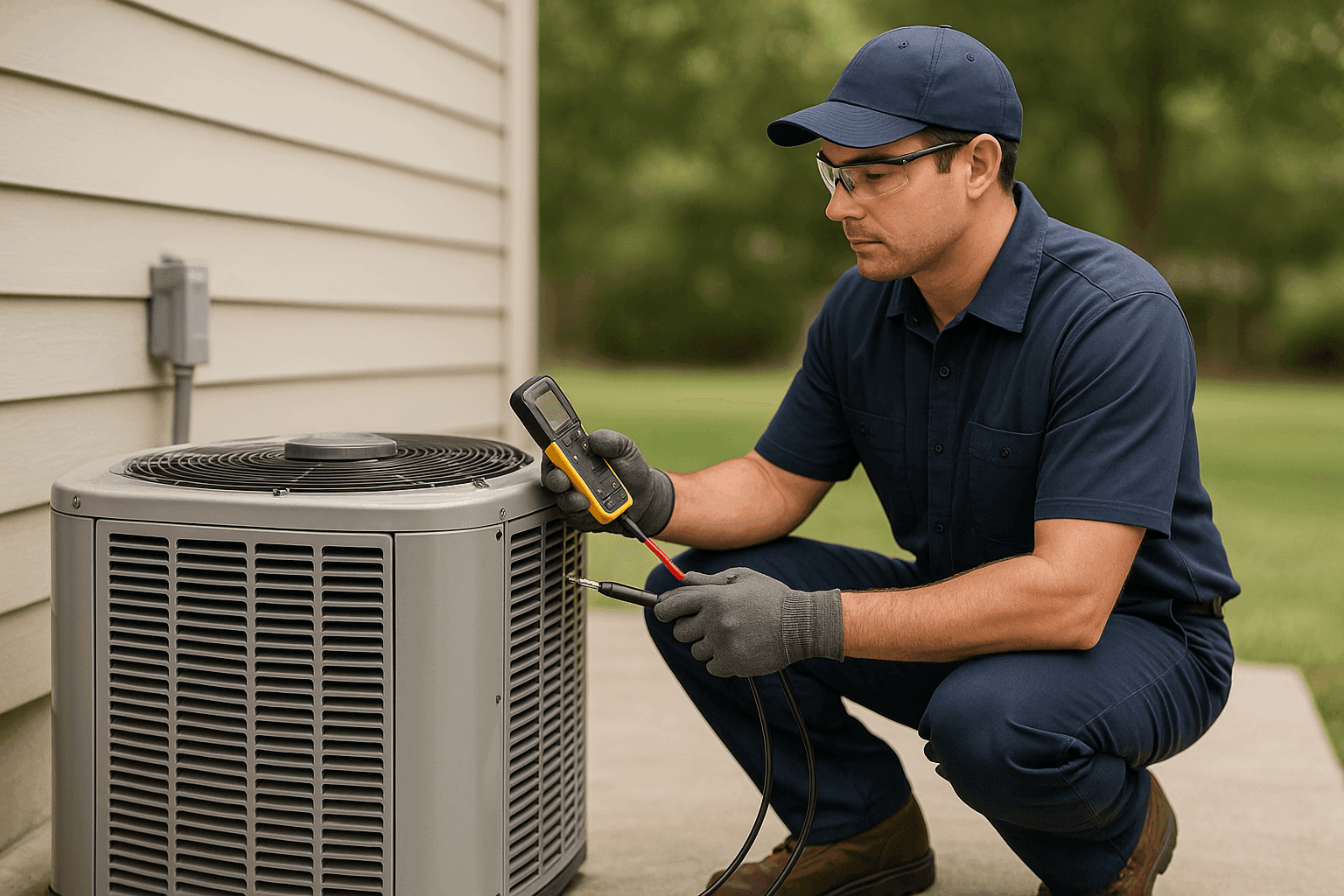 Technician inspecting home air conditioner unit with tools