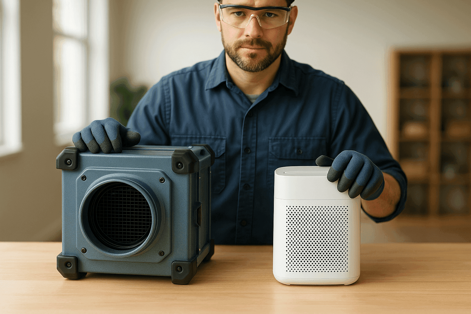 Technician comparing air scrubber and purifier units
