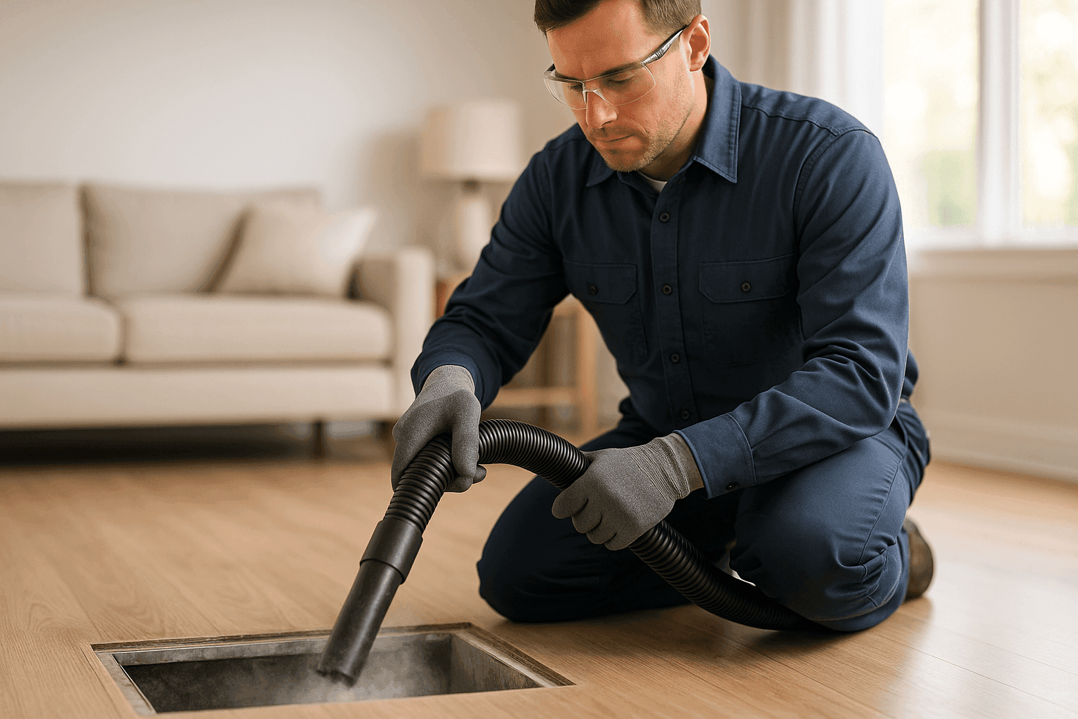 Technician vacuuming dust from large HVAC duct