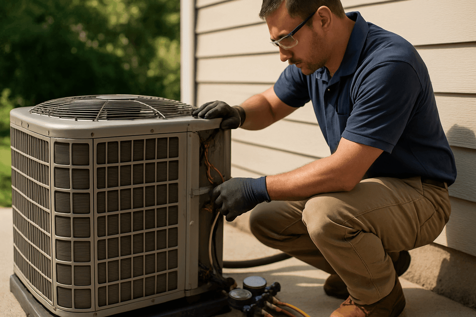 Technician repairing outdoor AC unit on hot day