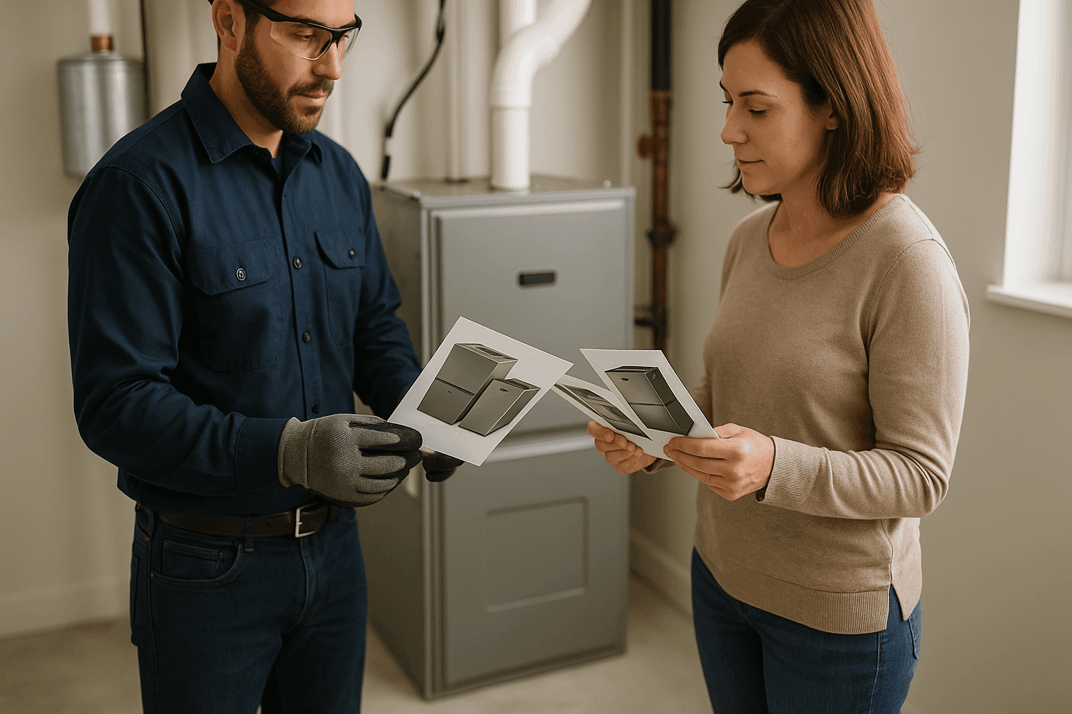 Technician reviewing furnace options with homeowner