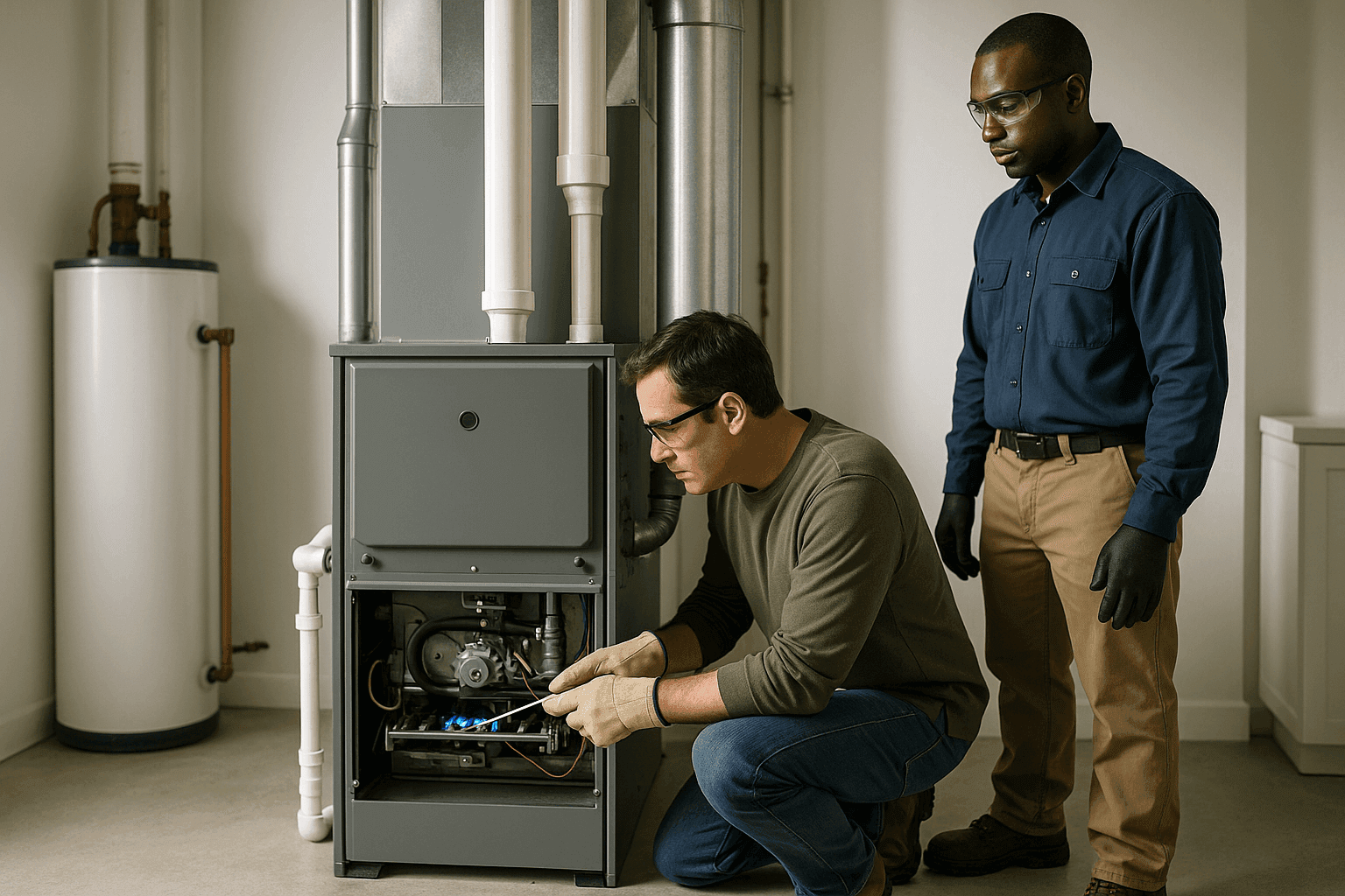 Homeowner checking furnace pilot light with technician nearby