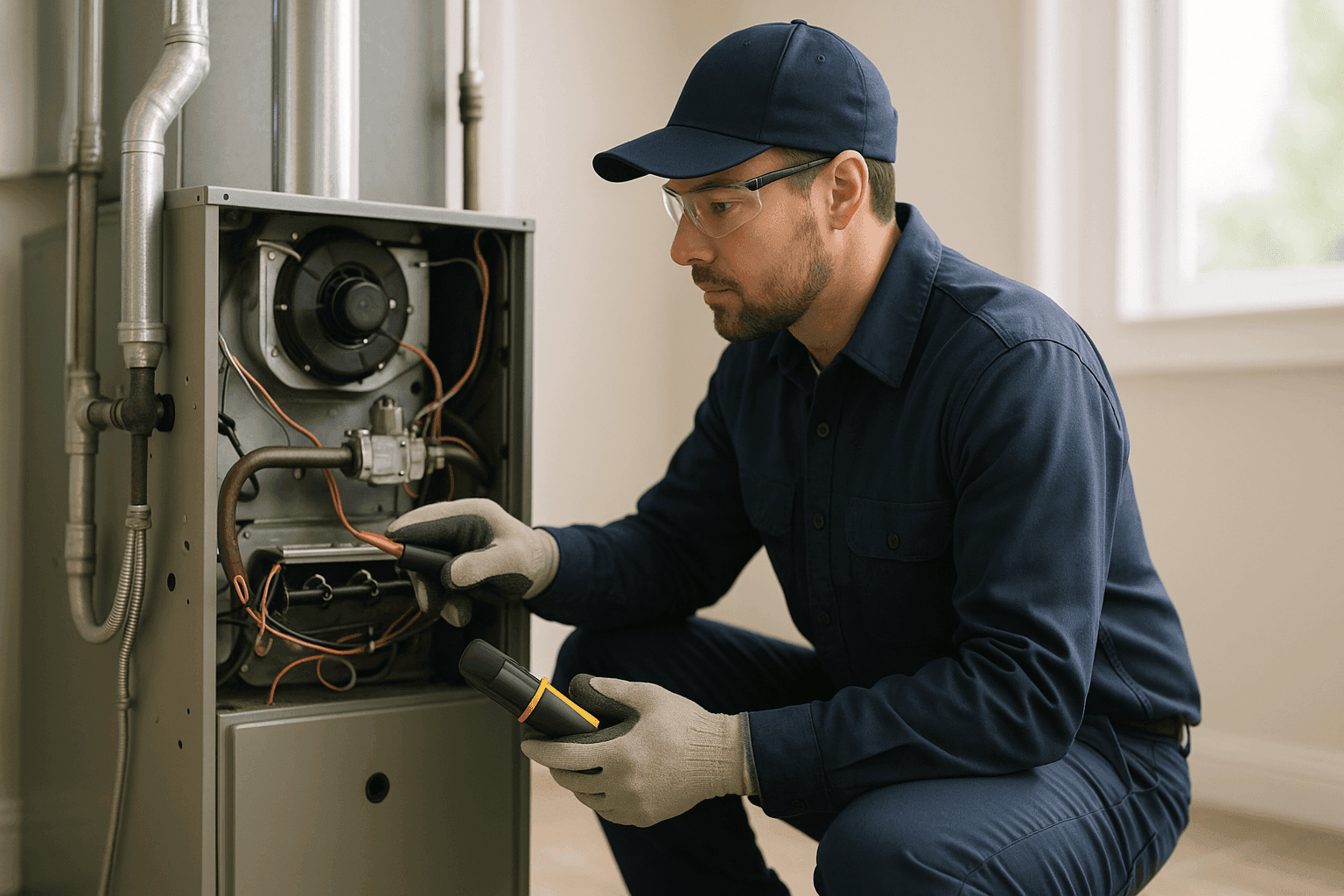 Technician inspecting furnace components for repair or replacement