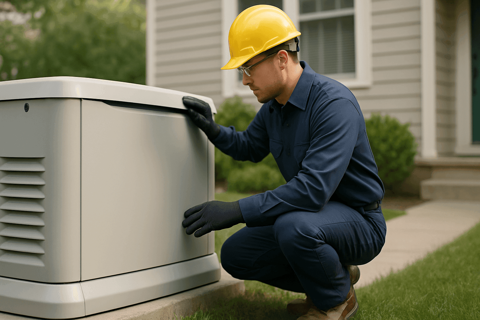 Technician servicing home backup generator outdoors
