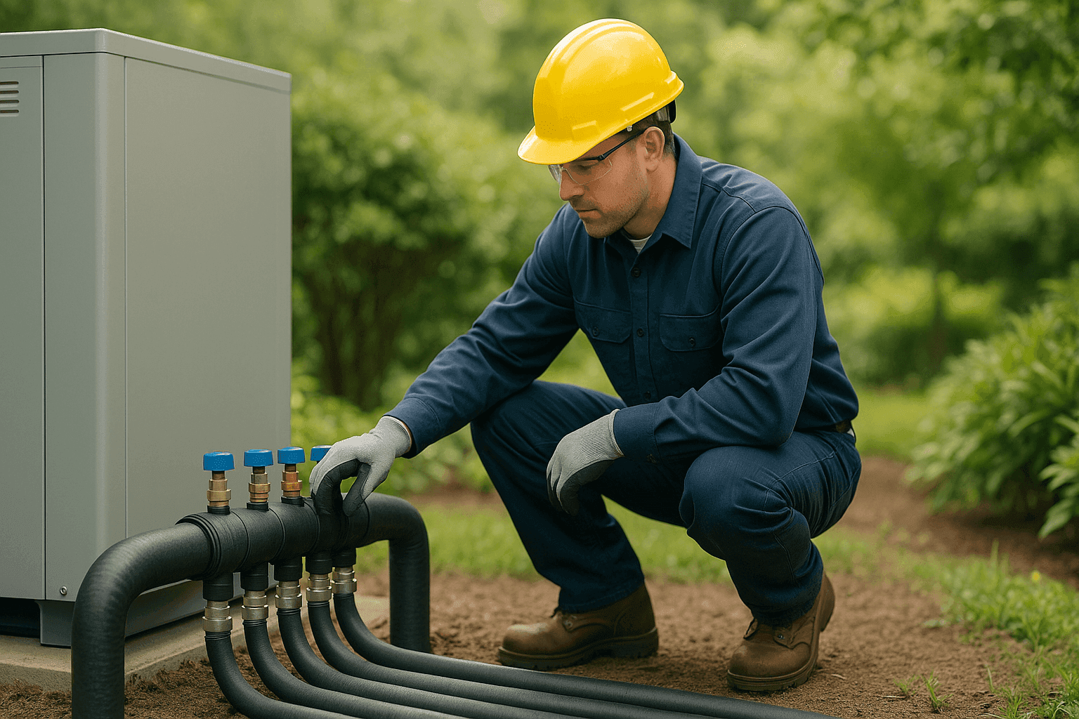 Technician inspecting geothermal heat pump system