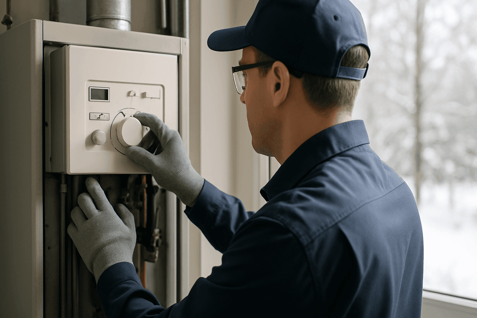 Technician checking heating system controls in winter