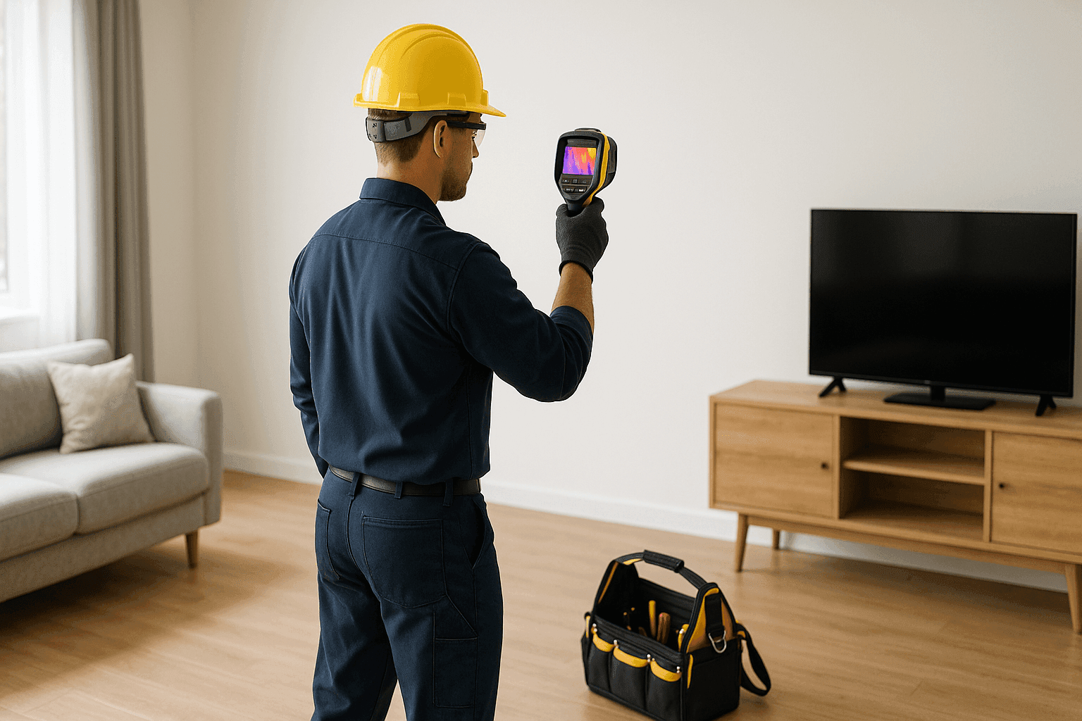 Technician performing energy audit with thermal camera
