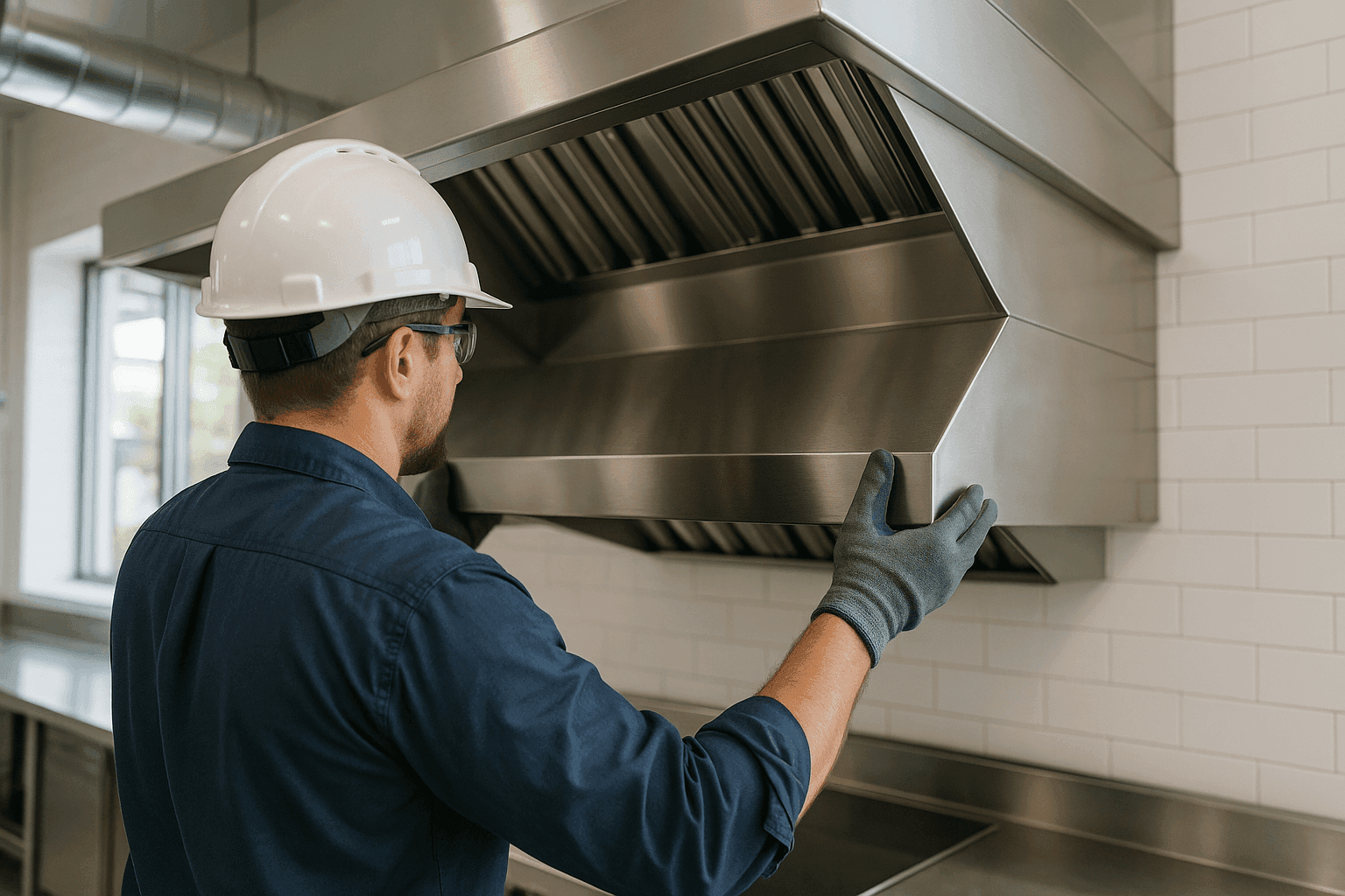 Technician installing stainless steel kitchen hood