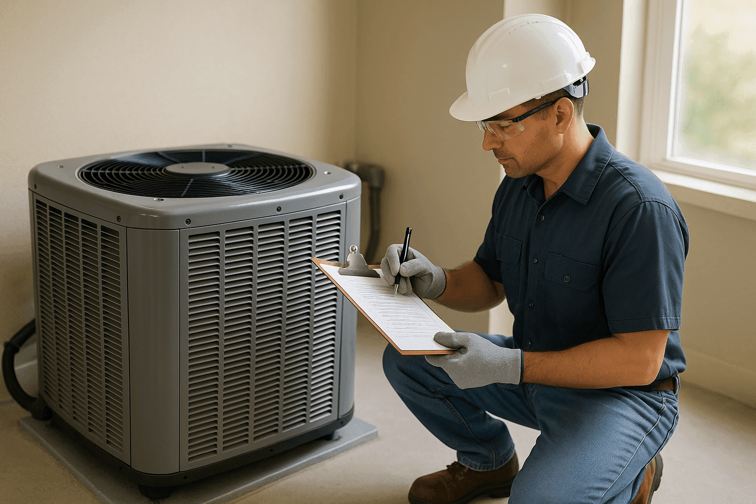 Technician double-checking HVAC unit install with checklist