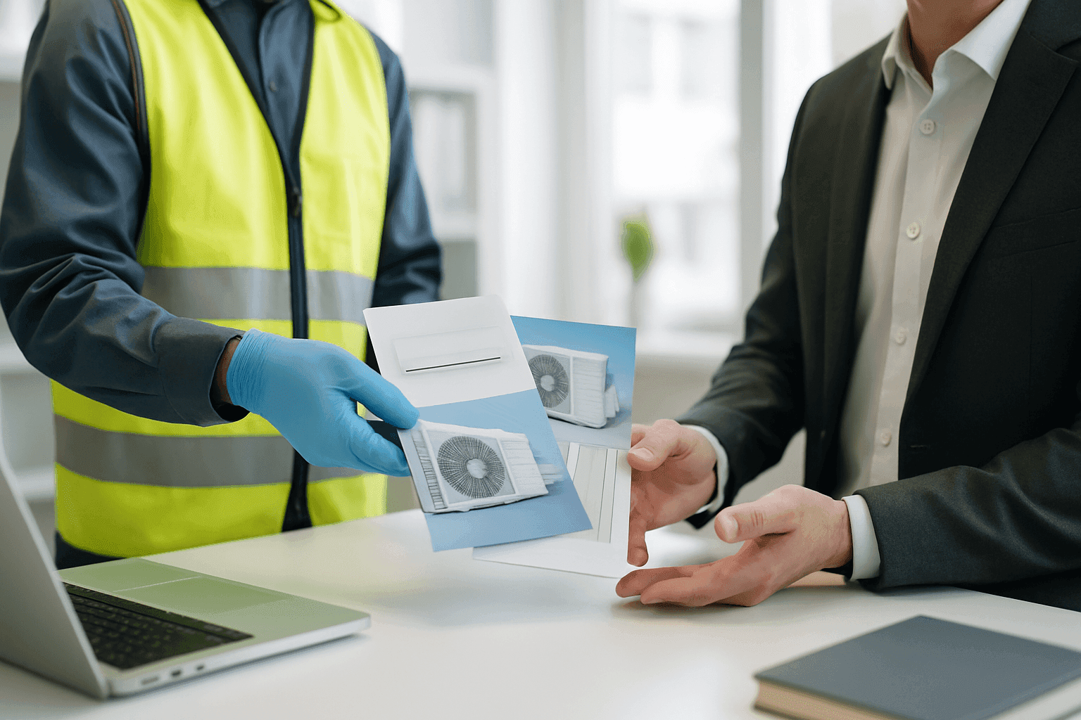 Technician reviewing AC system options with business owner