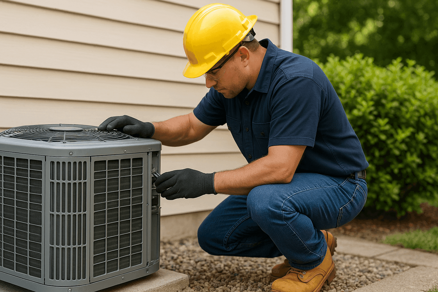 Technician inspecting air conditioner condenser unit