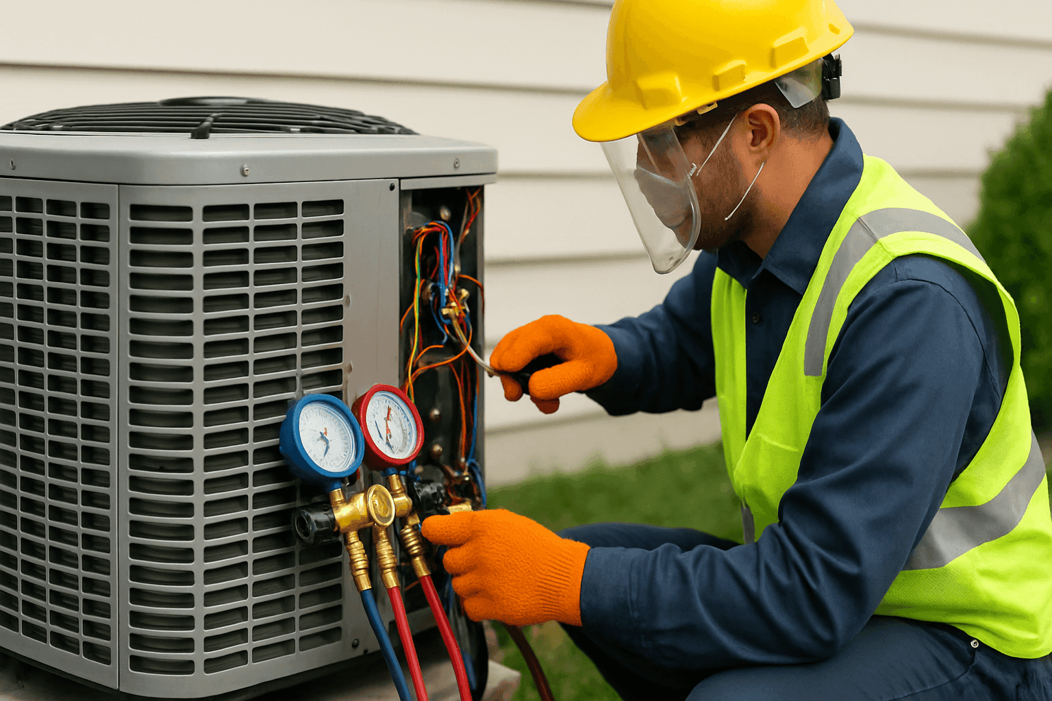 Technician servicing air conditioner outdoor unit