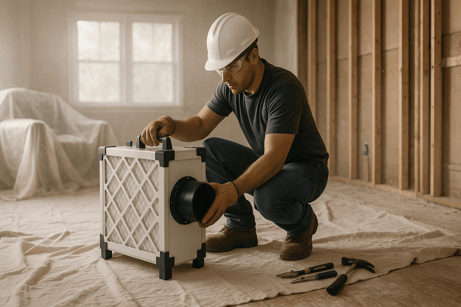 Technician installing temporary air filter during renovation