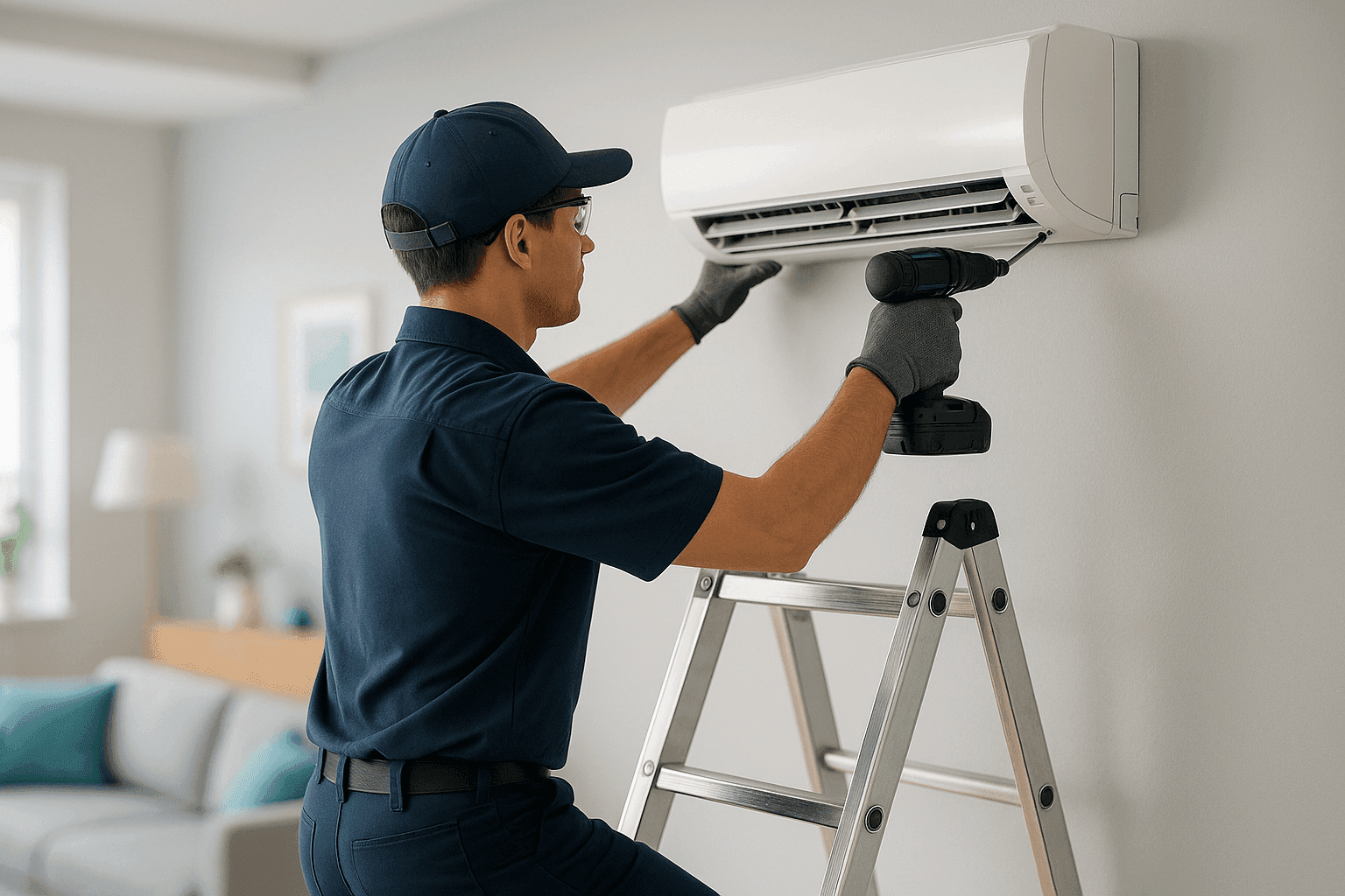 Technician mounting mini-split unit high on wall