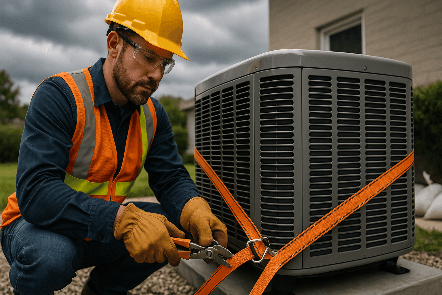 Technician securing outdoor HVAC unit before storm