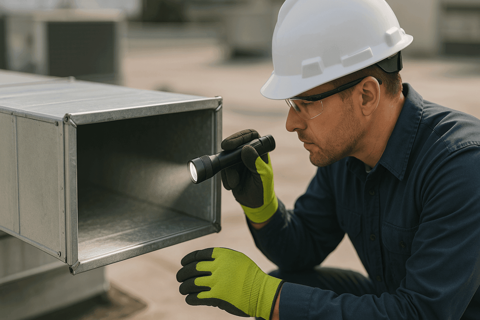 Technician inspecting HVAC duct for signs of mold