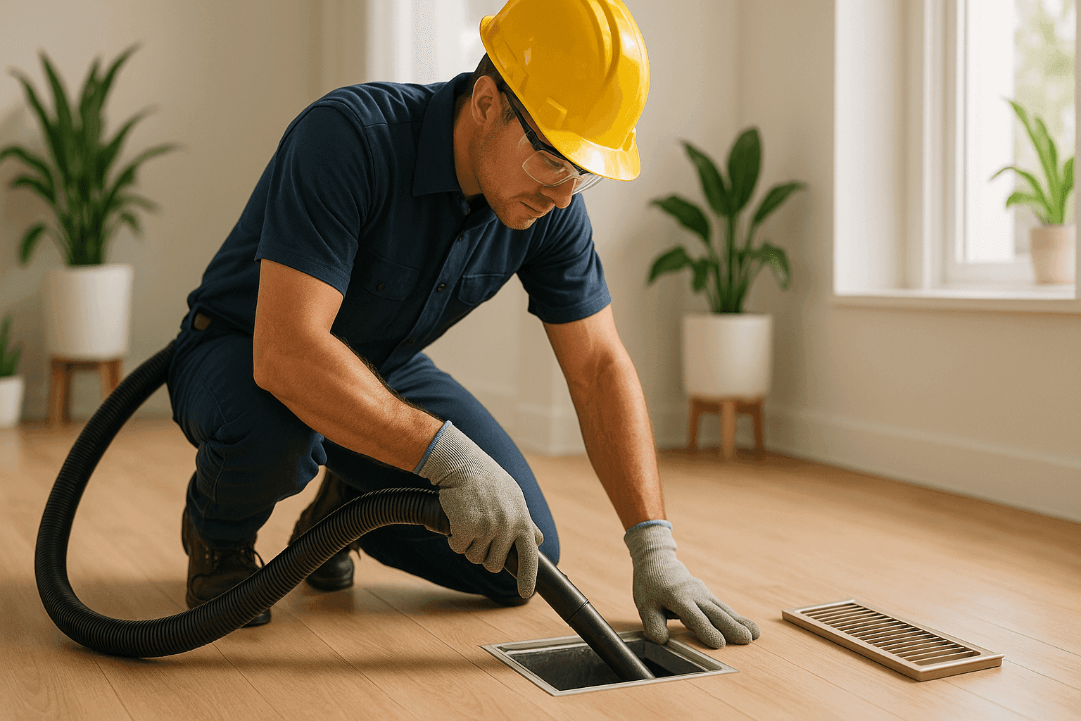 Technician vacuuming duct in allergy-prone home