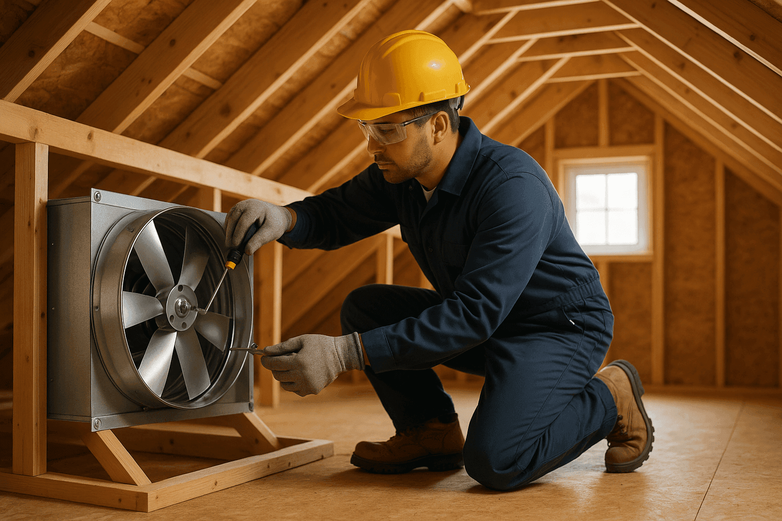 Technician installing whole-house fan in attic