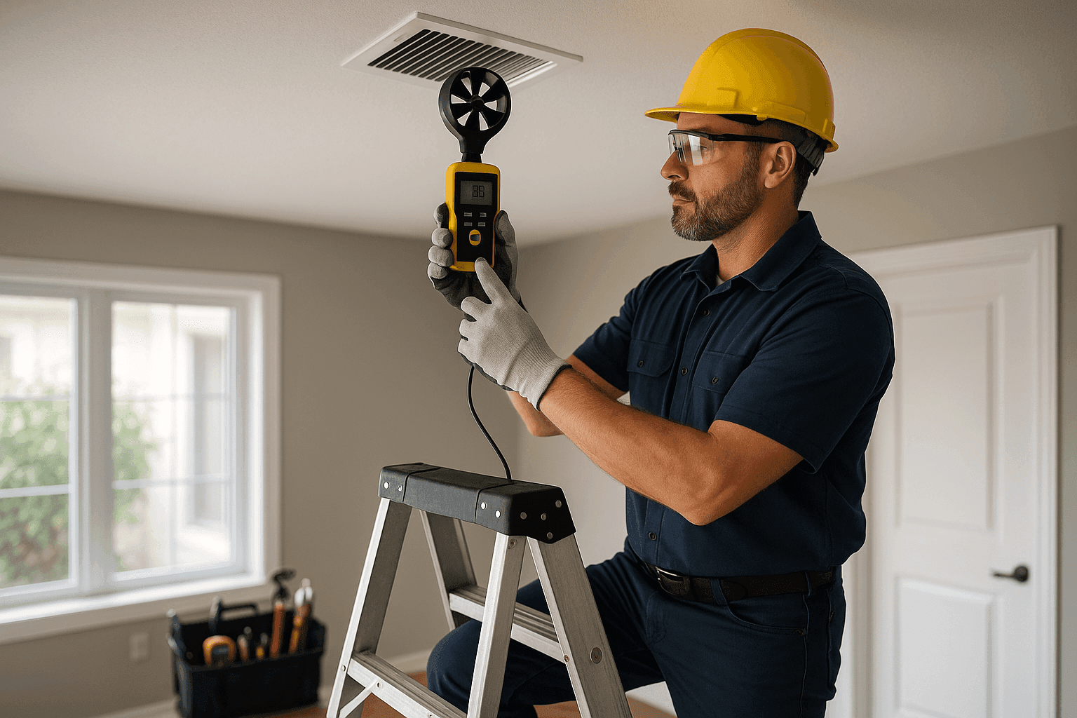 Technician using airflow tool on ceiling vent