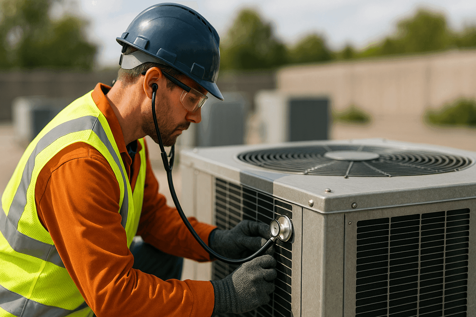 Technician listening to noisy HVAC unit with stethoscope