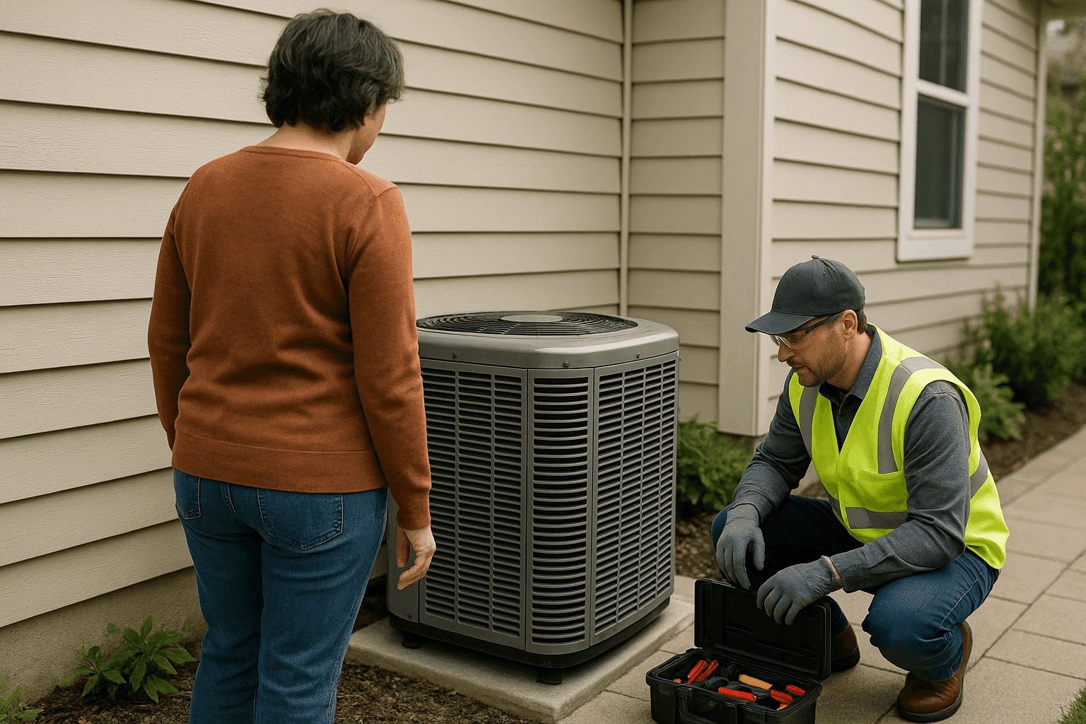 Homeowner examining HVAC unit while technician prepares tools