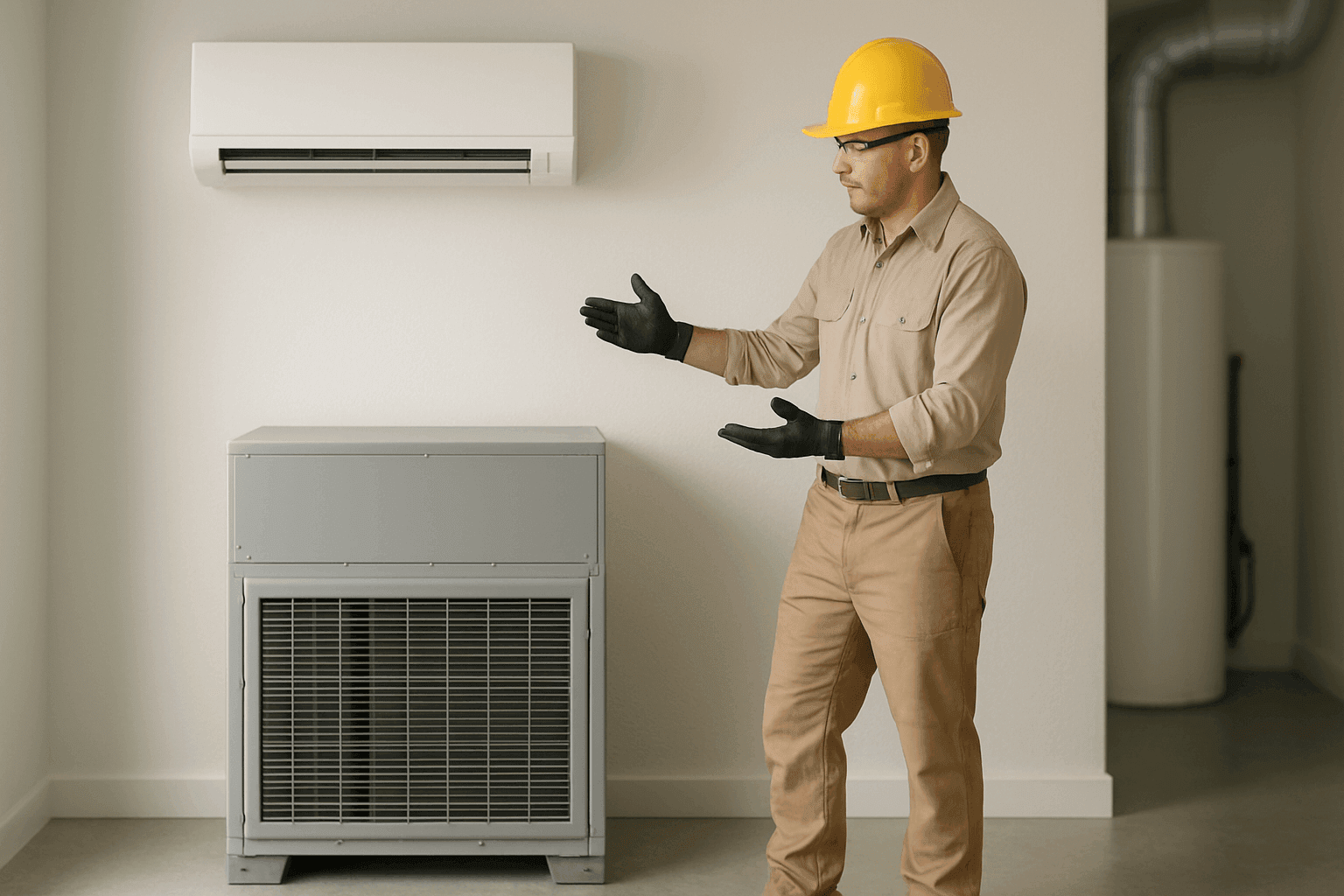 Technician comparing mini-split and central air units in utility room