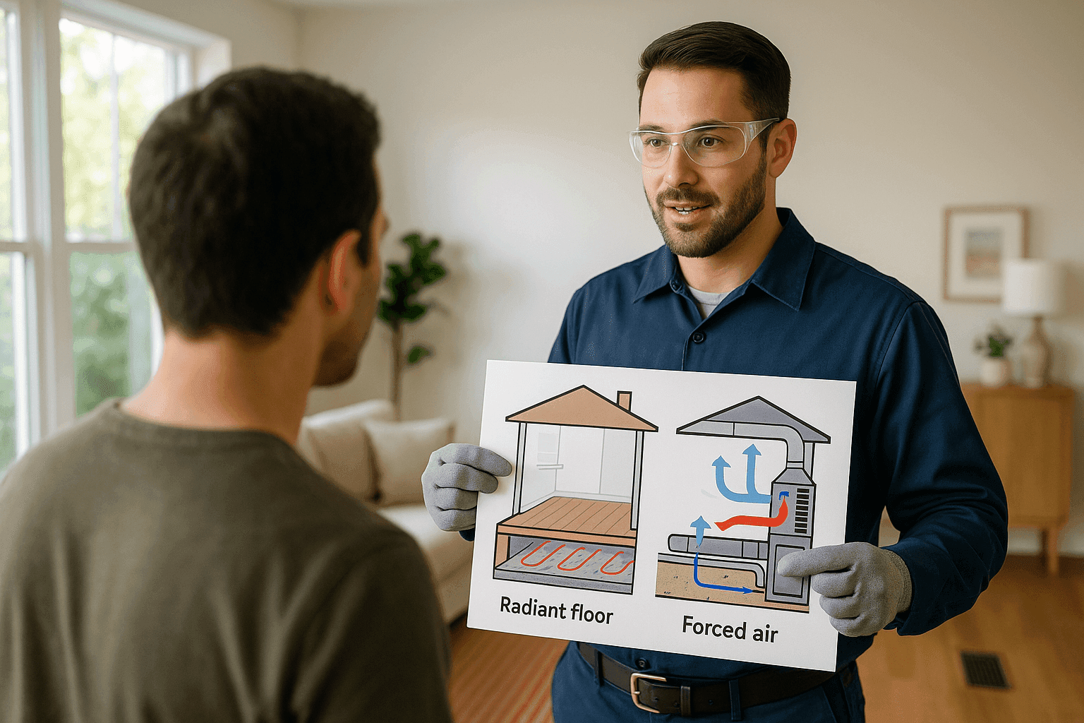Technician explaining radiant vs forced air systems