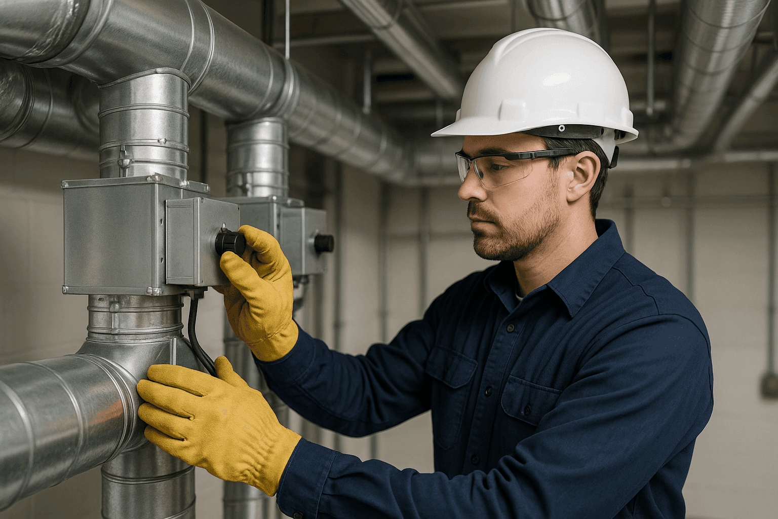 Technician adjusting zone dampers in HVAC system
