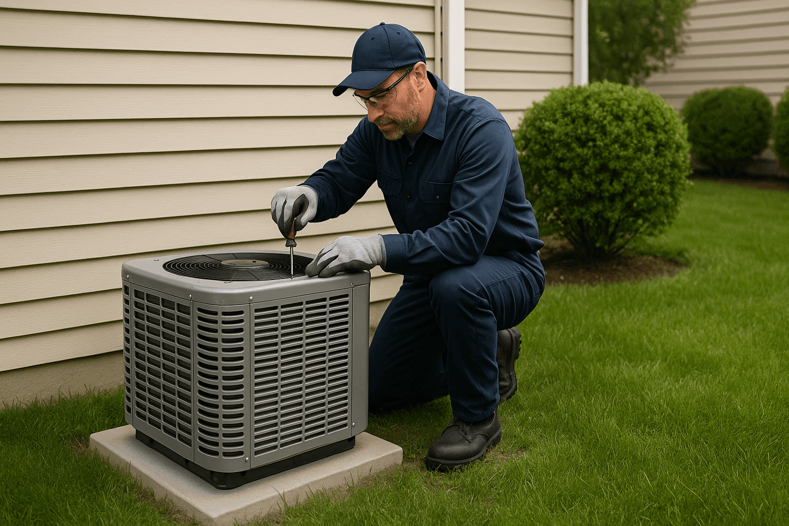Technician installing HVAC unit in mild spring weather
