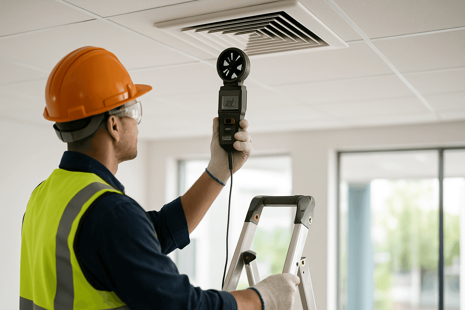 Technician measuring air flow from ceiling vent with digital tool