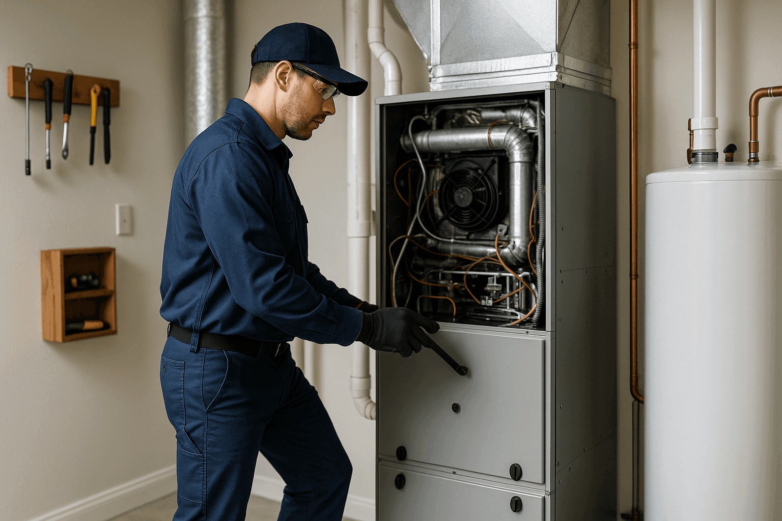 Technician checking HVAC safety controls in utility room