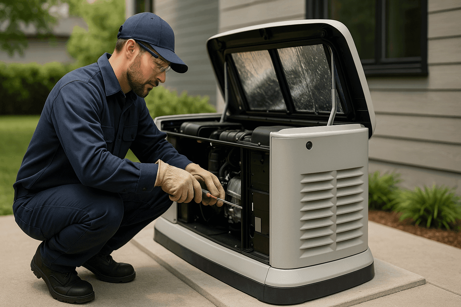 Technician servicing backup generator outdoors