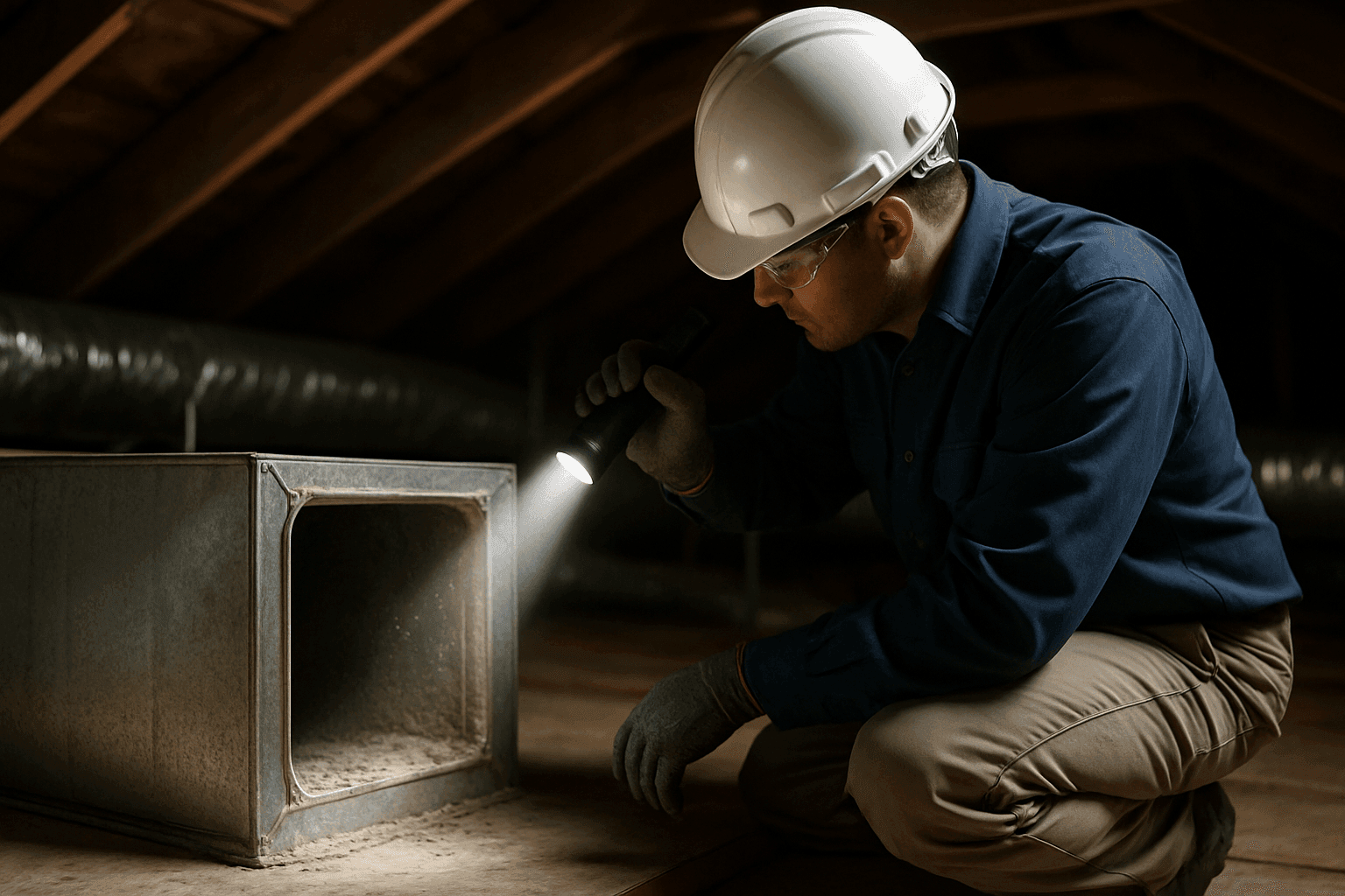 Technician inspecting dusty HVAC duct with flashlight