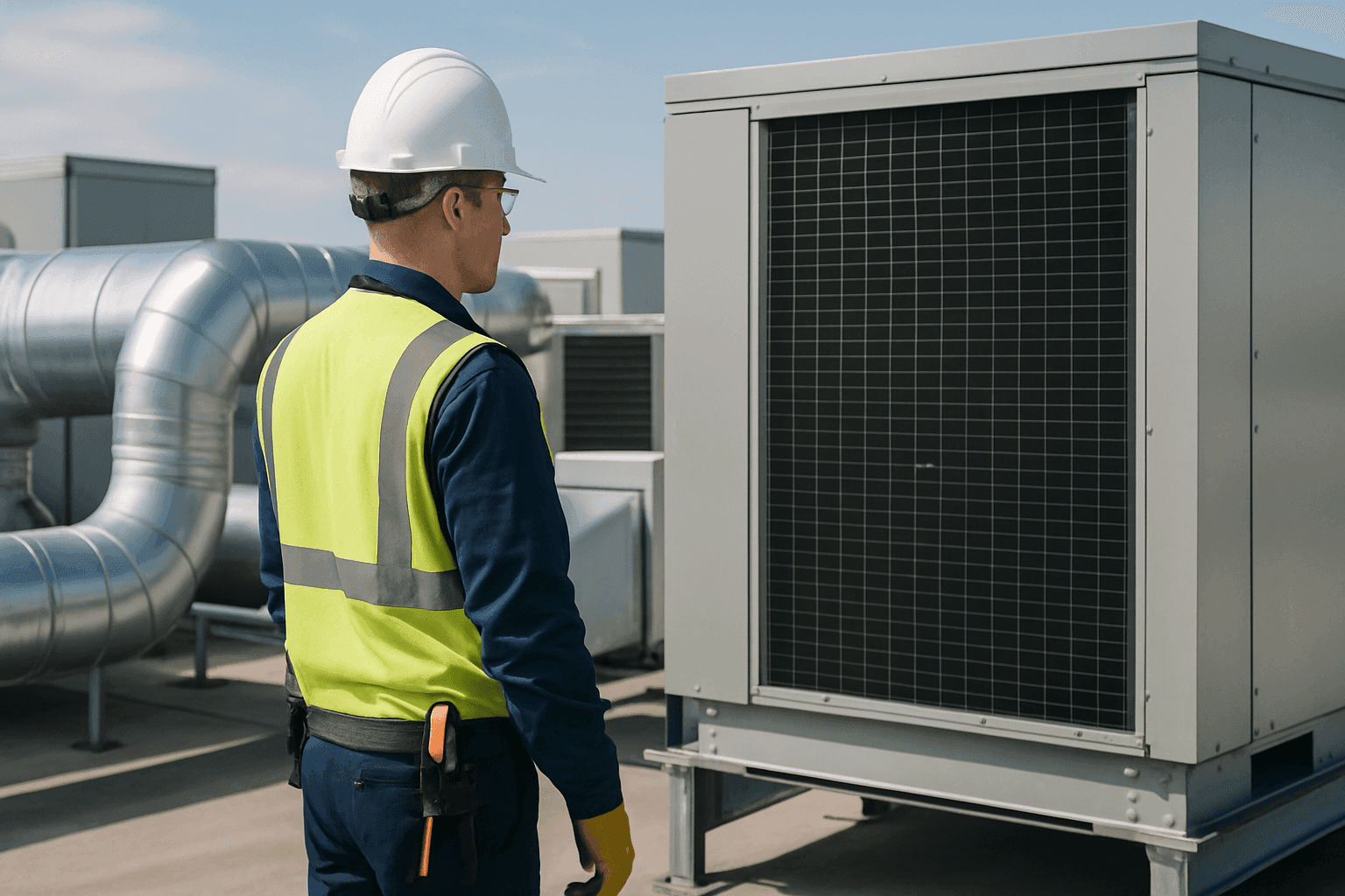 Technician inspecting large commercial ventilation system