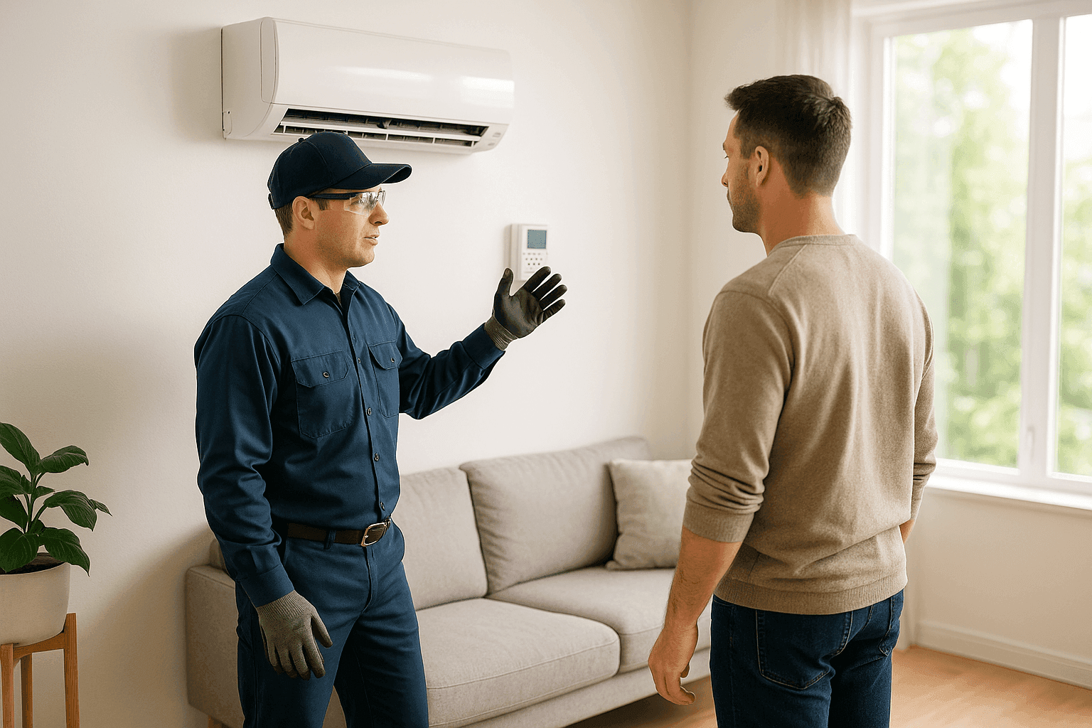 Technician explaining mini-split system to homeowner