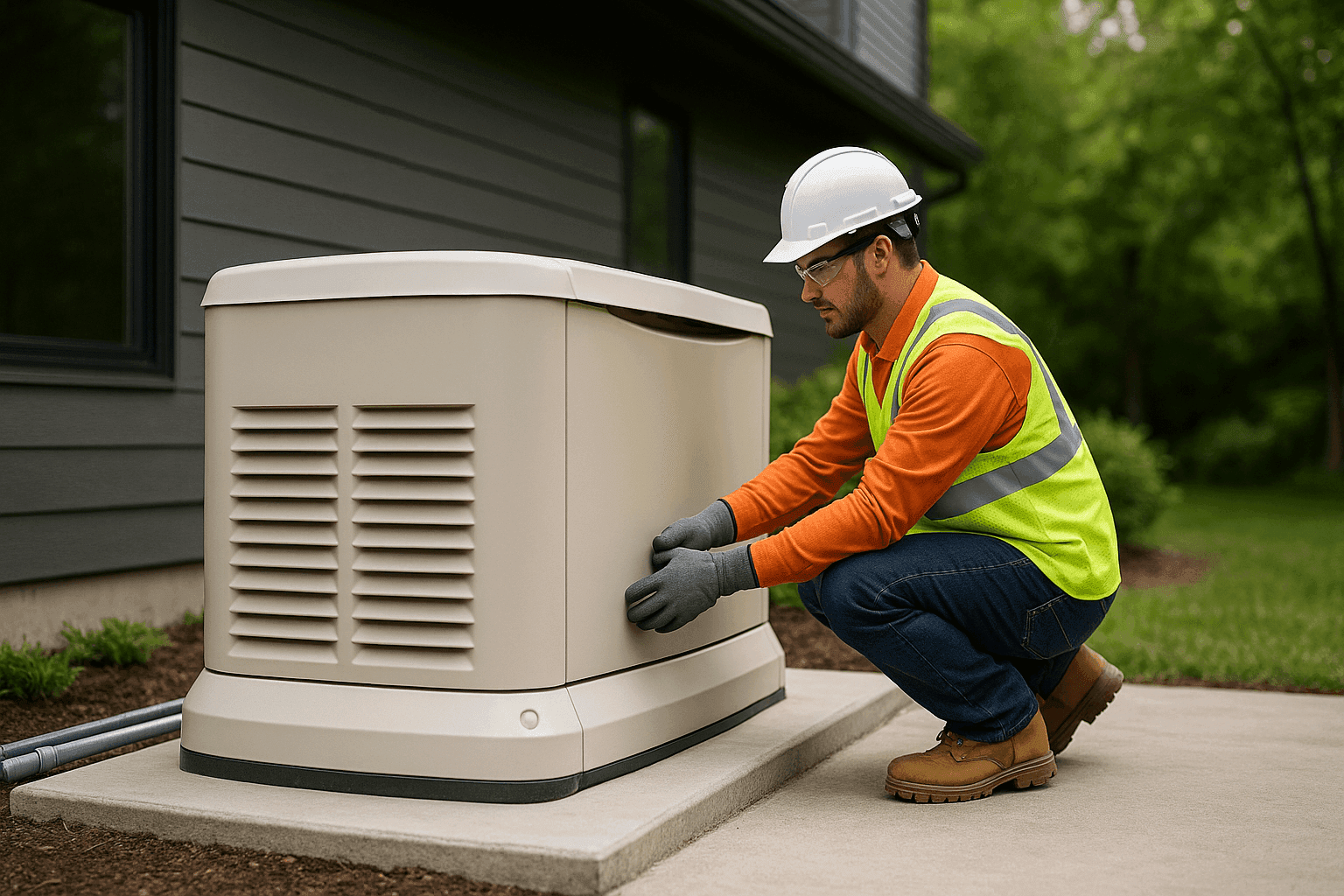 Technician installing backup generator at home exterior