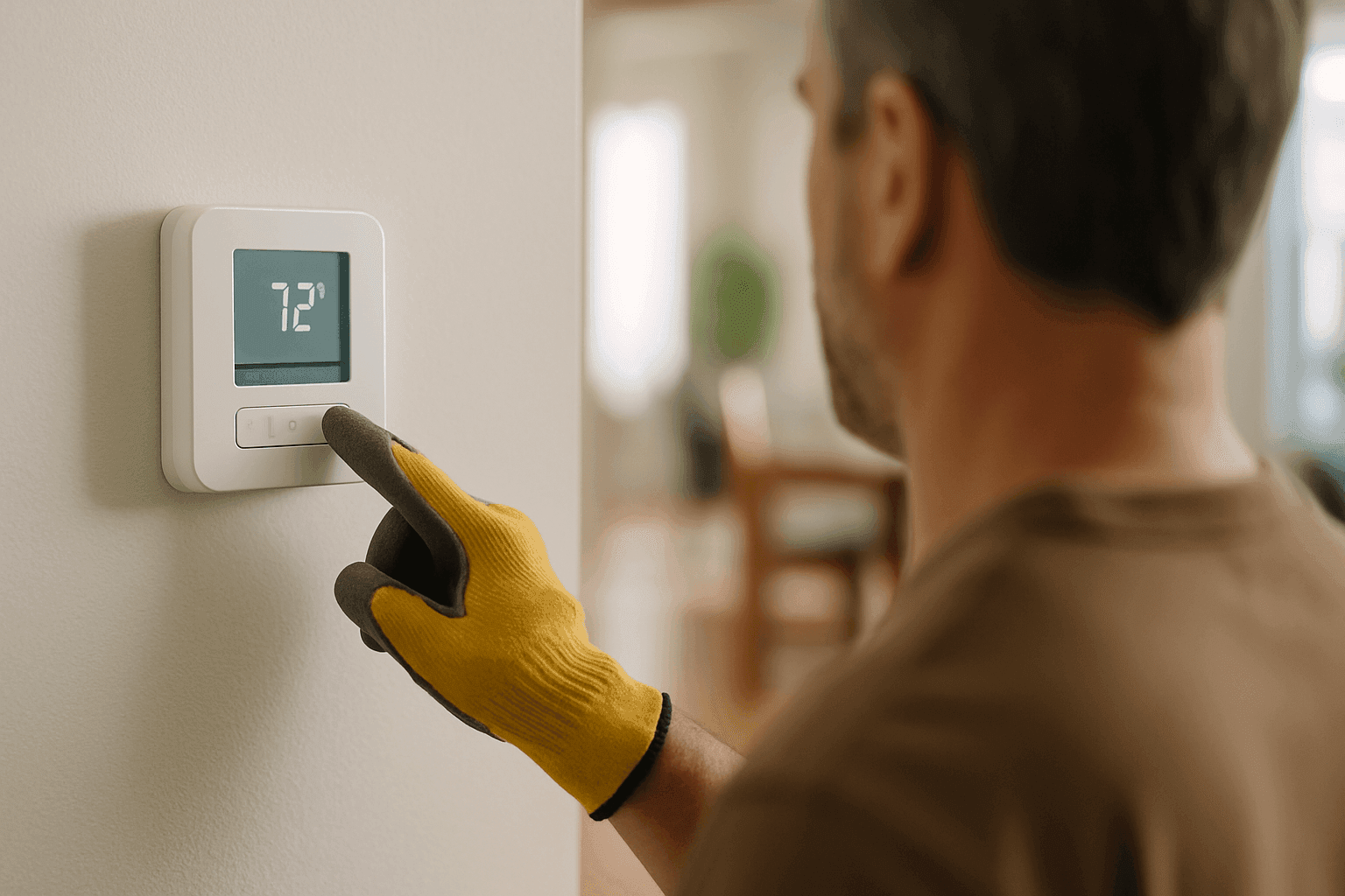 Homeowner resetting digital thermostat on wall