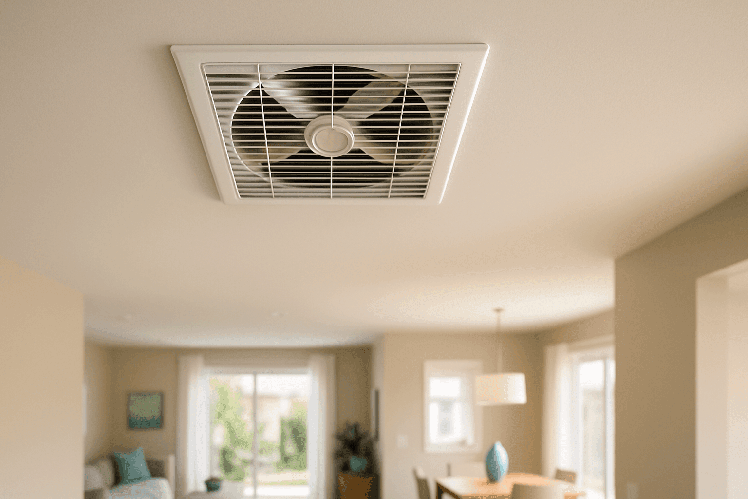 Whole-house fan installed in ceiling of modern home