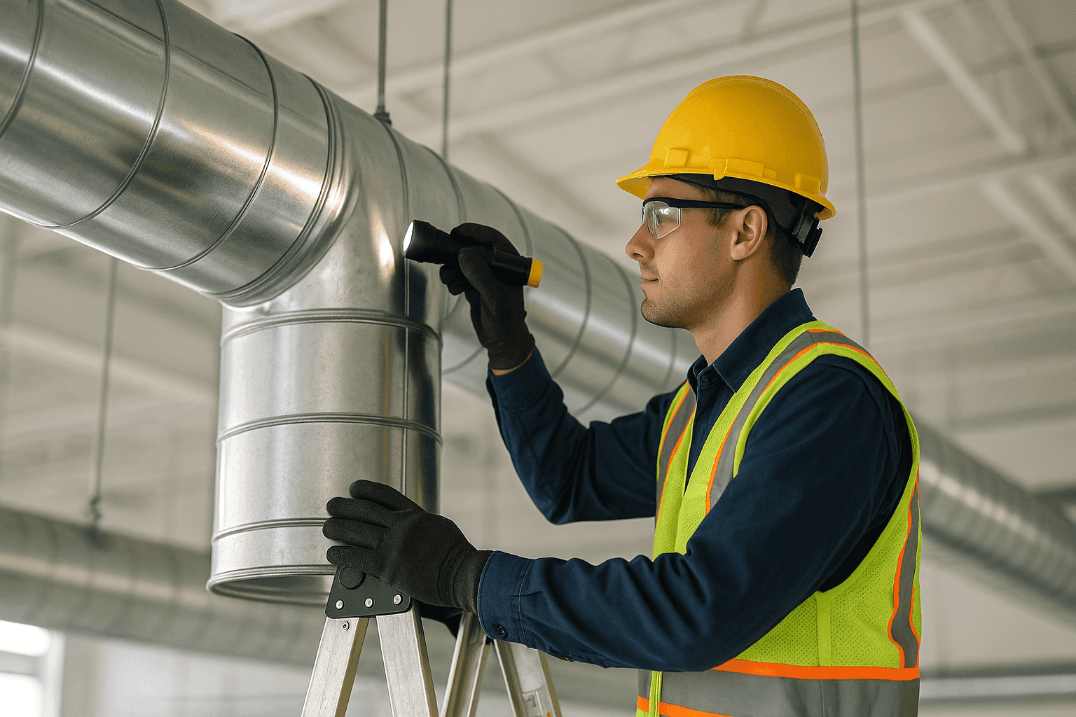 Technician inspecting commercial sheet metal ductwork